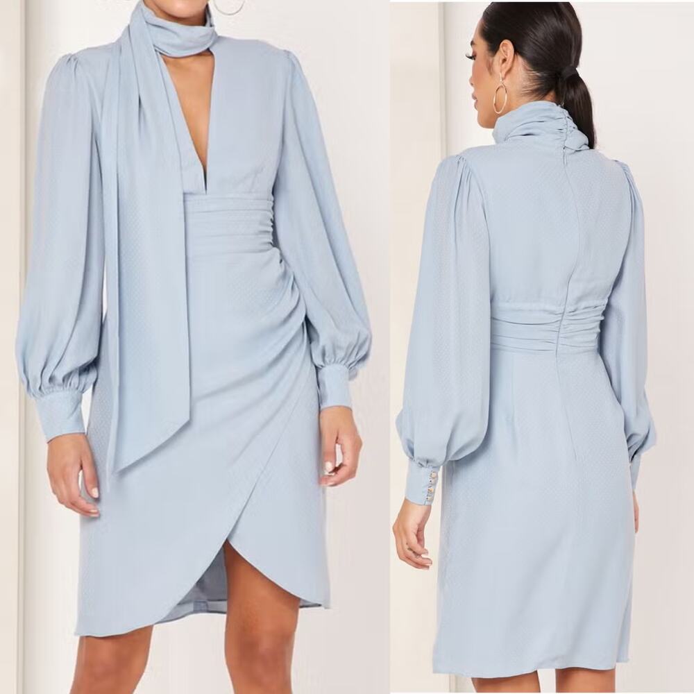 KEEPSAKE Baby Blue Polka Dot Satin 'Gracious' Choker Long Sleeve Dress SMALL